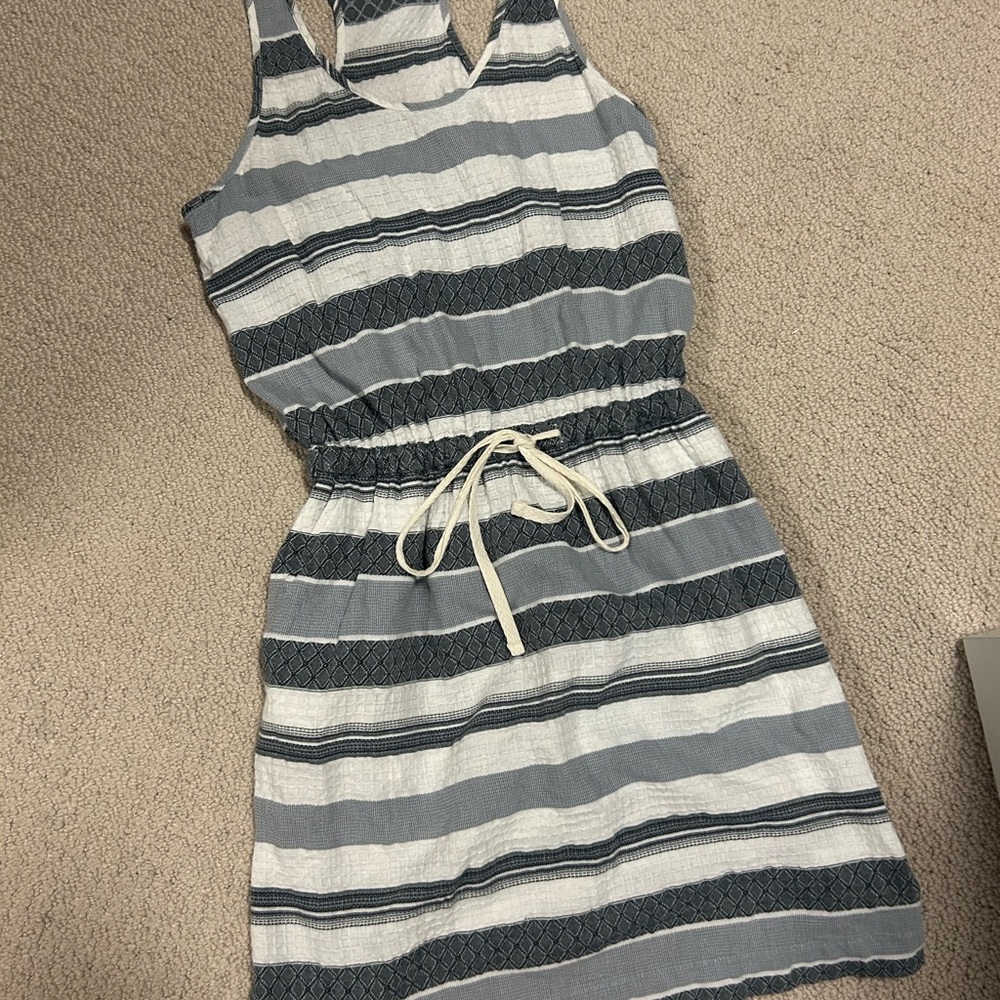 Striped Sleeveless Drawstring Waist Dress - Blue & White